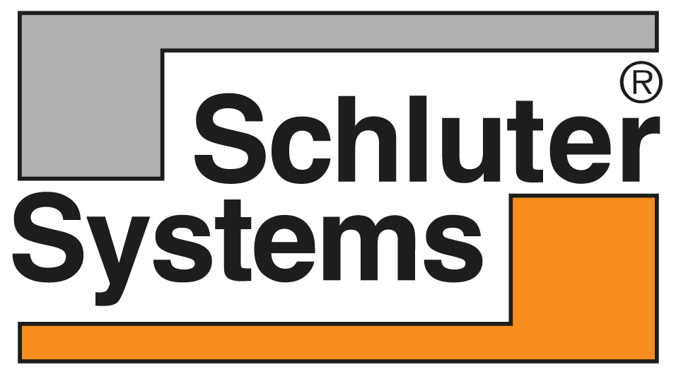 Schluter Systems logo featuring bold black text on a white background, highlighted by a gray shape and an orange accent. Represents quality in construction solutions.