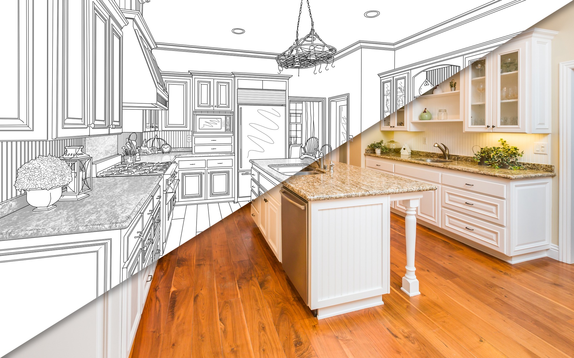 A split image showcasing a kitchen: one side features a pencil sketch, while the other displays the finished, modern design with granite countertops and wooden flooring.