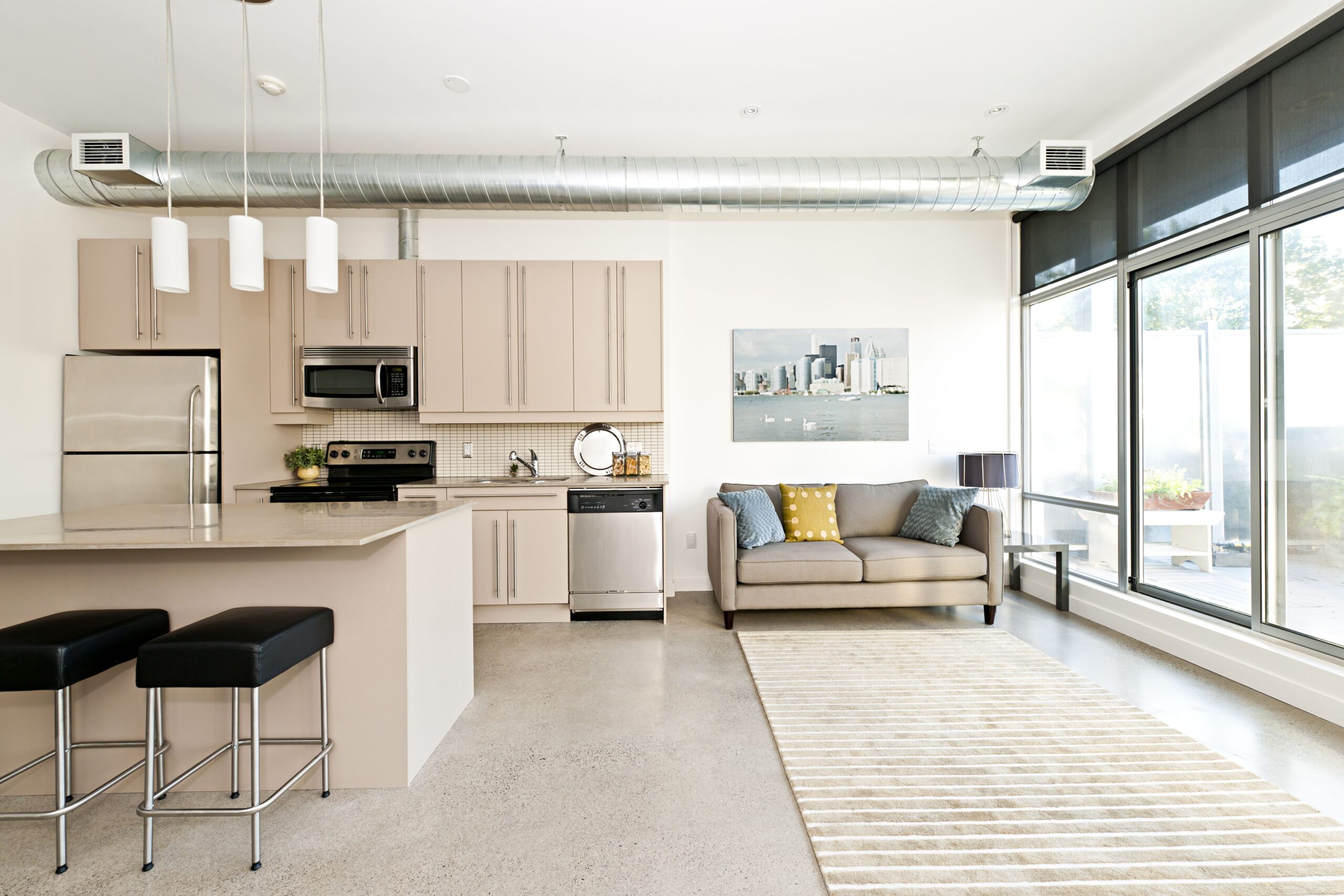 Modern kitchen and living area featuring stainless steel appliances, a cozy sofa with decorative pillows, and large windows allowing natural light.