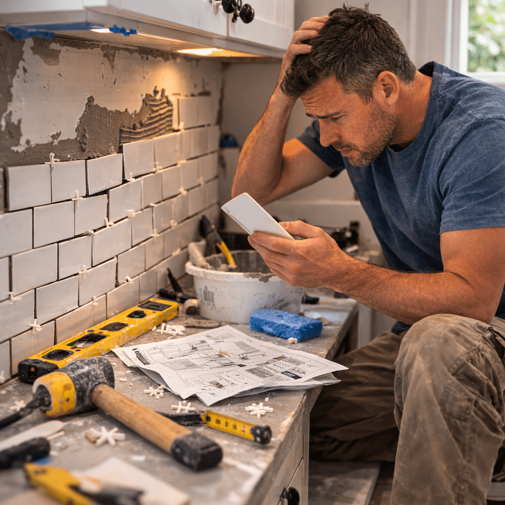 Frustrated man checking his phone while tiling a kitchen backsplash, surrounded by tools and instructions. The scene highlights DIY challenges.