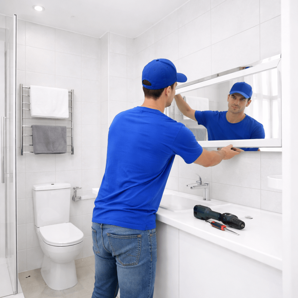 A maintenance worker in a blue shirt installs a bathroom mirror, showcasing tools on the sink. The image emphasizes home improvement and renovation.
