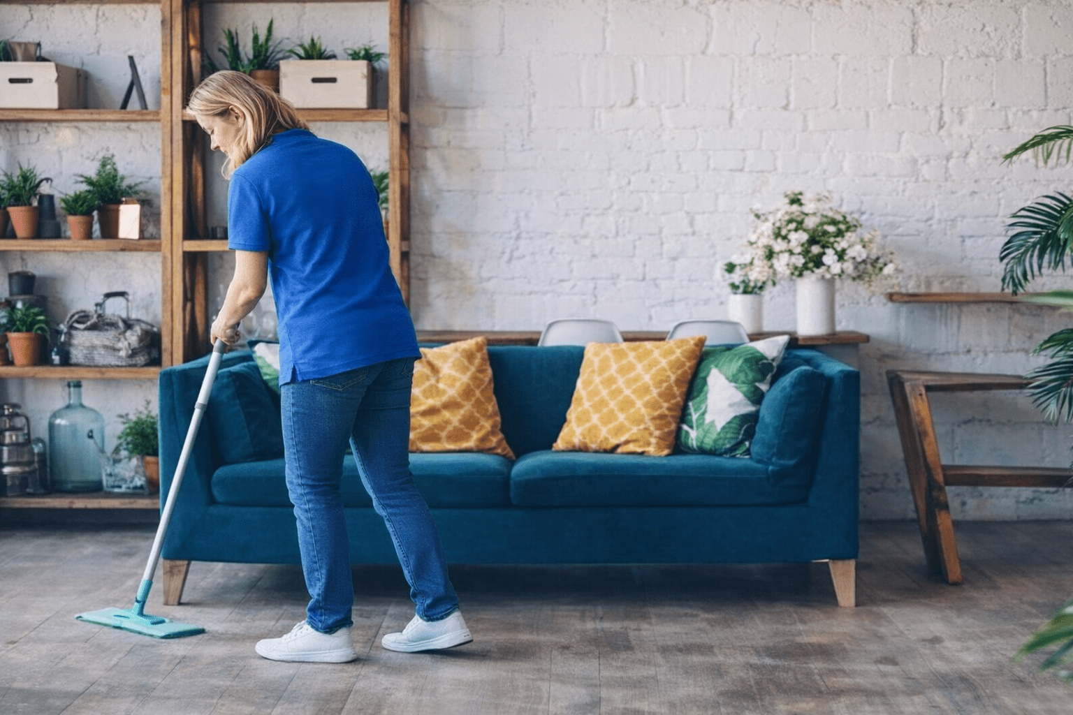 A woman in a blue shirt cleans a wooden floor with a mop in a bright, homey living room, featuring a blue couch and potted plants.