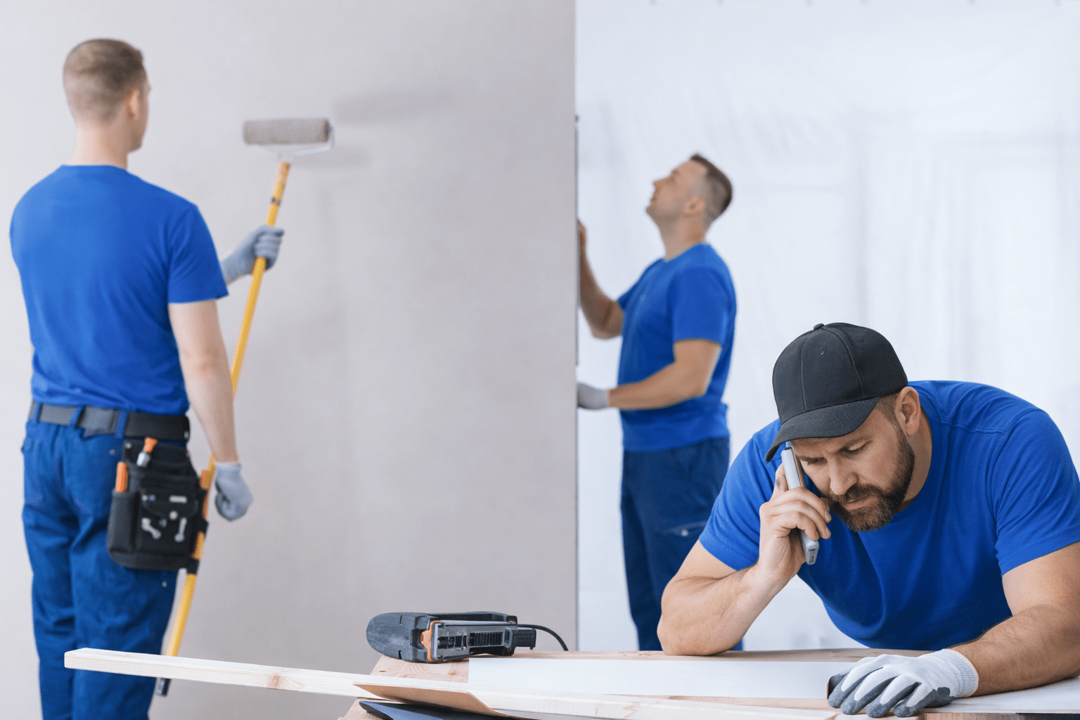 Two workers in blue shirts are renovating. One paints a wall with a roller, while another, focused on a phone call, examines materials on a table.